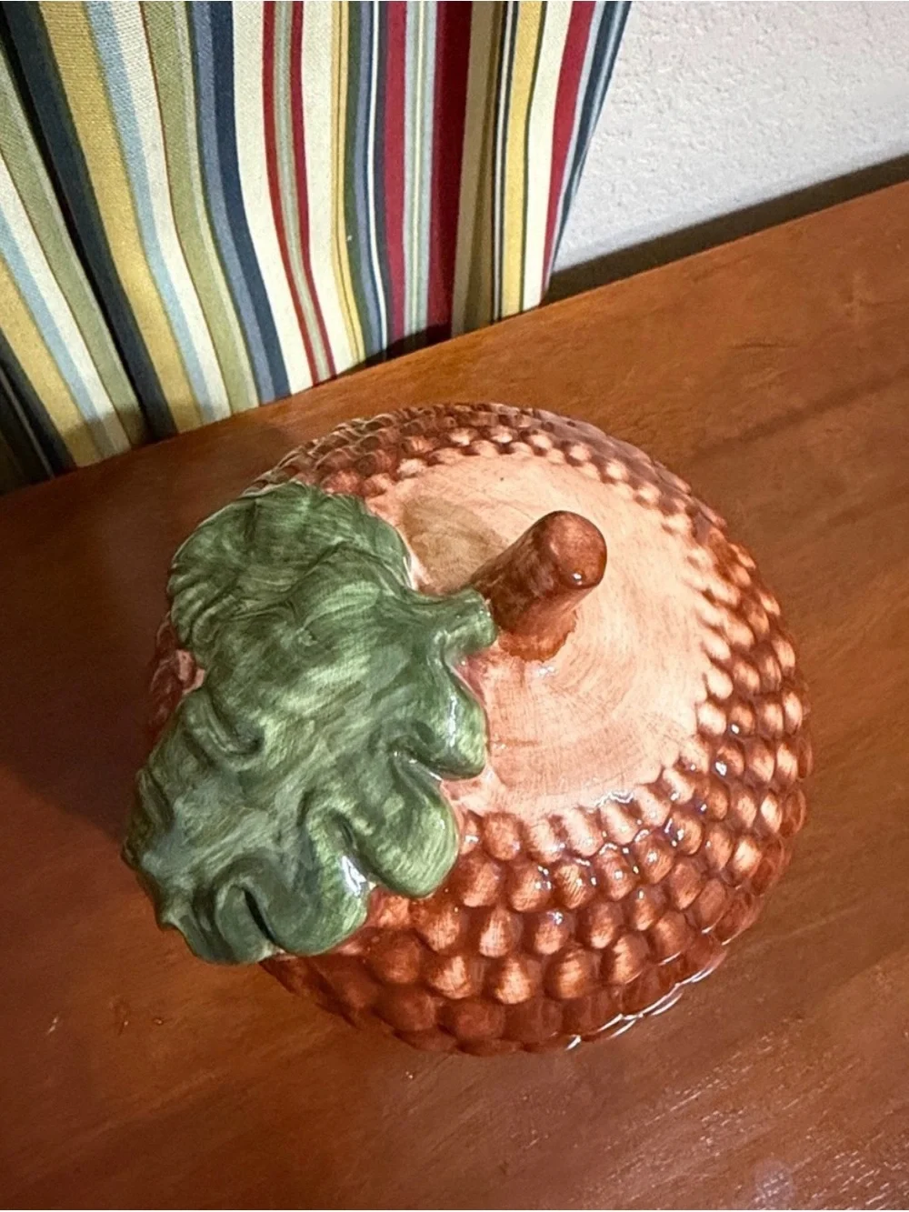 Vintage Ceramic Acorn Candy/Cookie Jar with Green Leaf Lid